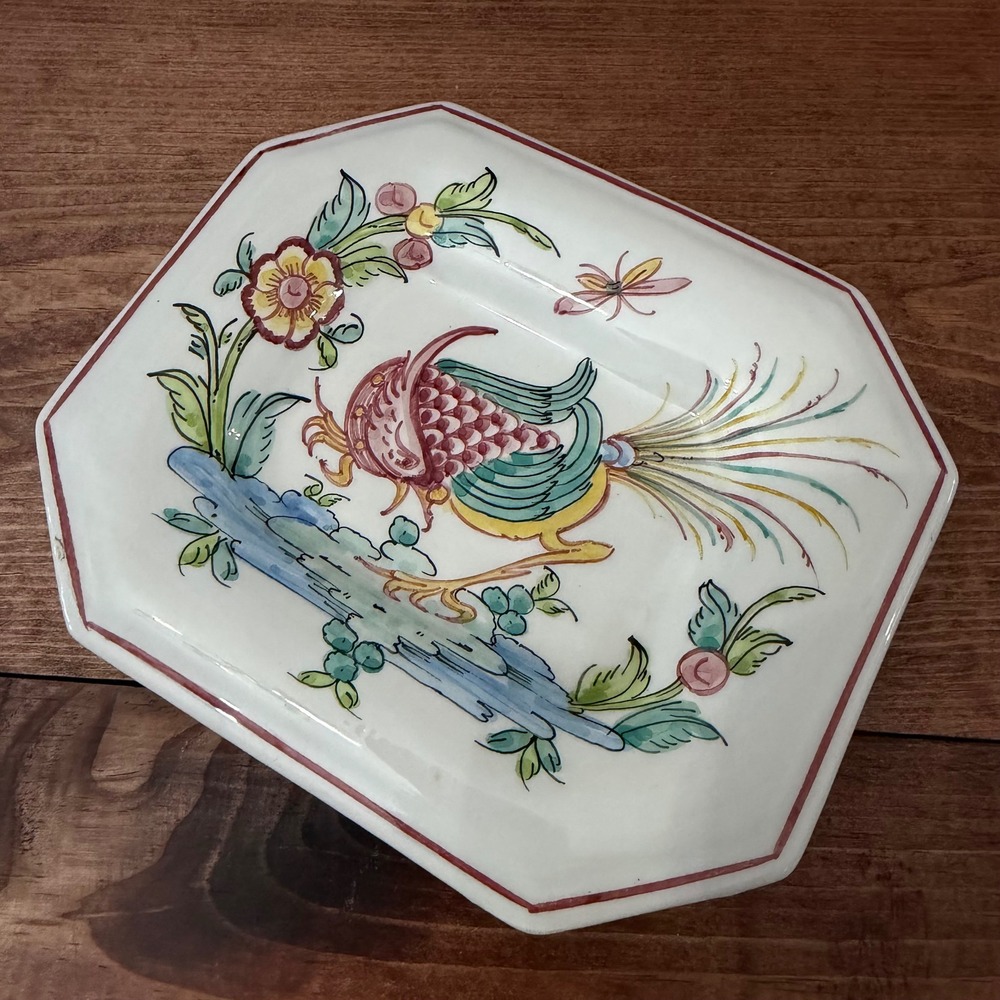 VTG Antonio Agueda Portugal HandPainted Ceramic Bird Trinket Dish Octagonal Tray